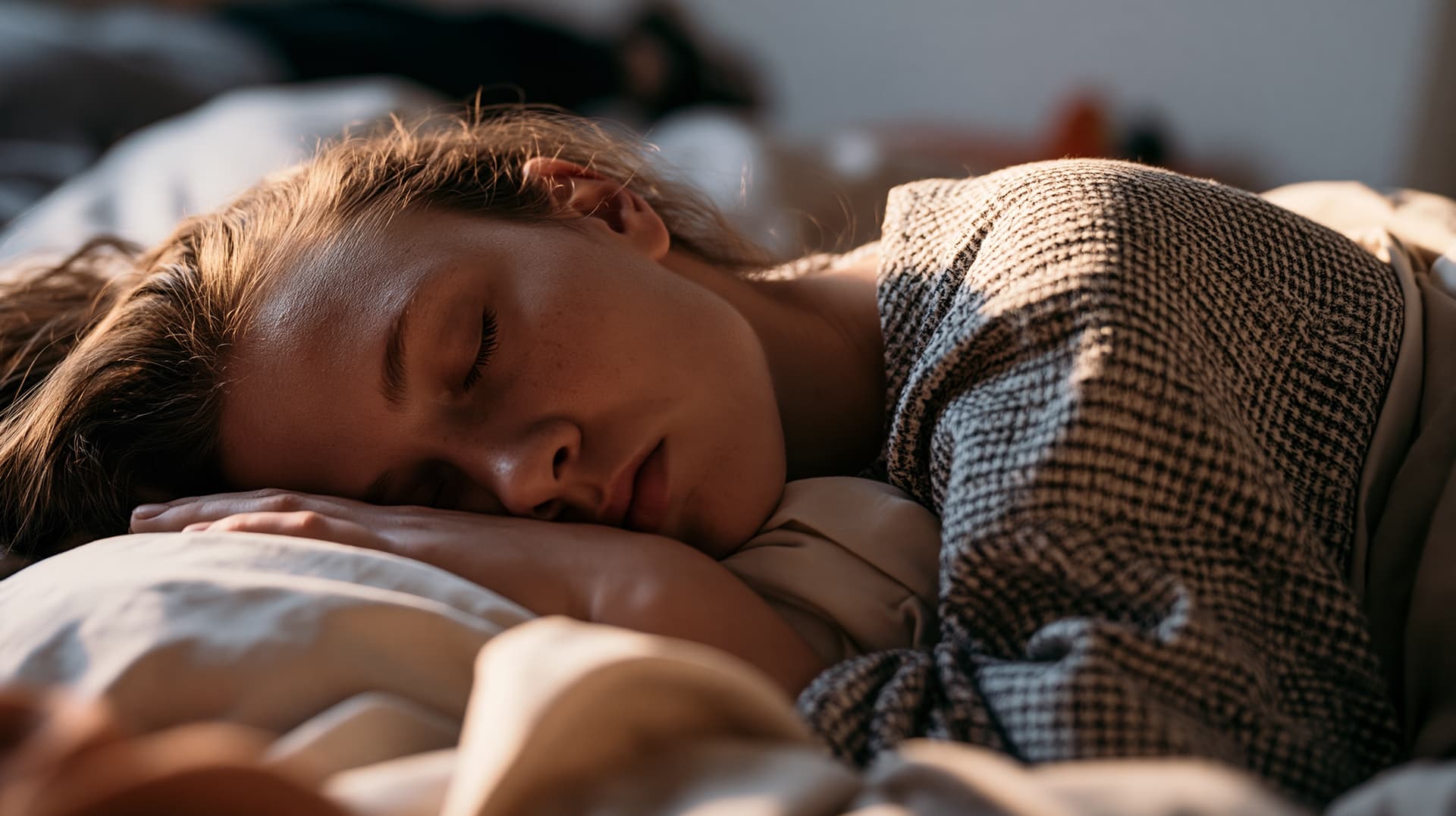 Ženska spi na boku z glavo na vzglavniku v topli naravni svetlobi